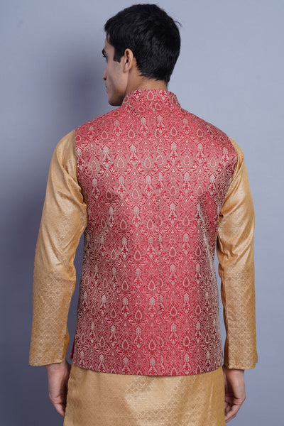 Wintage Men's Banarasi Rayon Cotton Bandhgala Festive Nehru Modi Jacket Waistcoat : Red