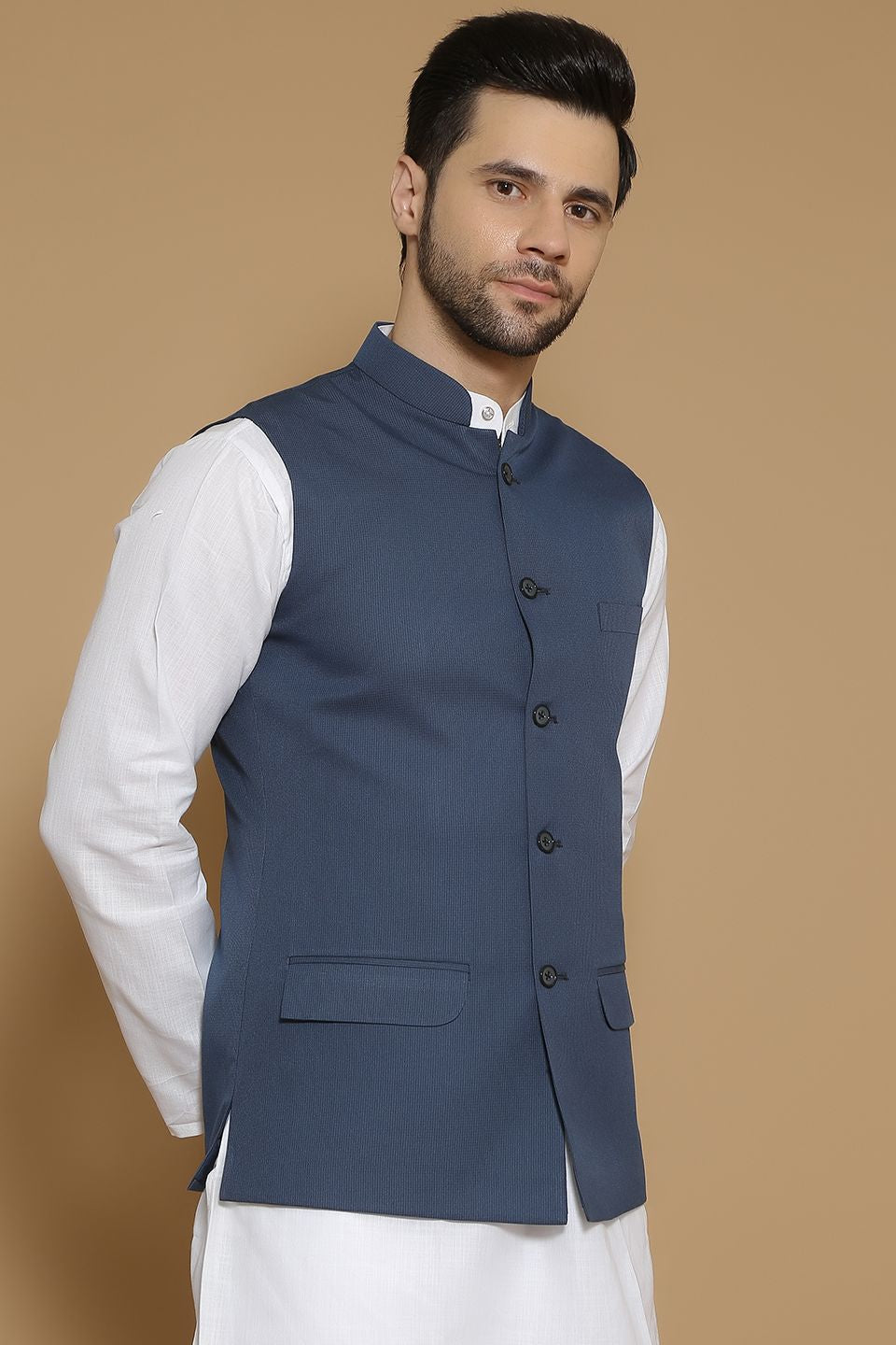WINTAGE Men s Poly Viscose Blue Modi Nehru Jacket Blue
