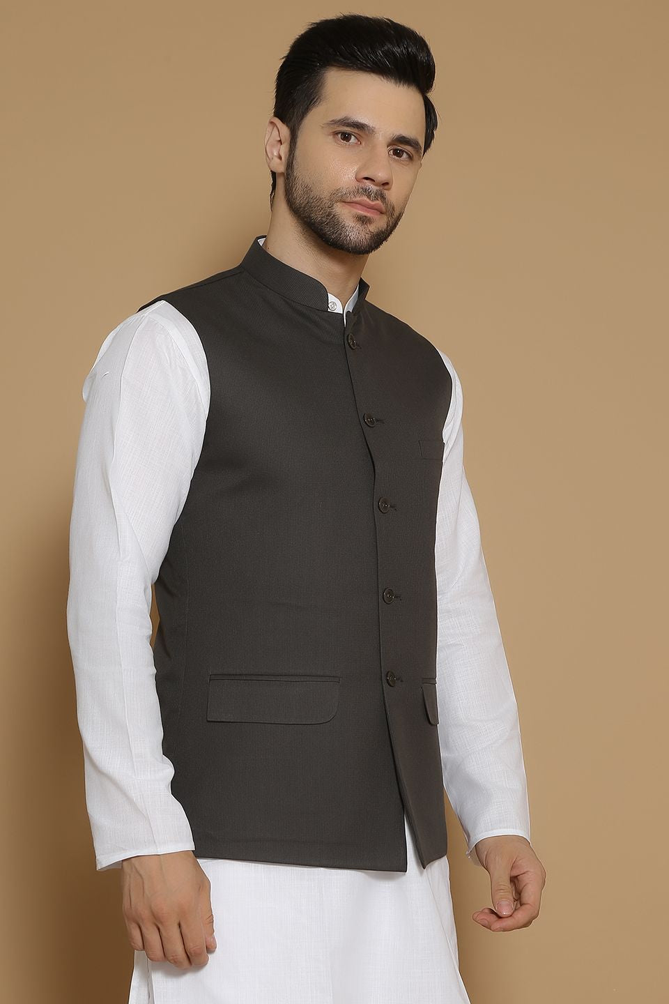 WINTAGE Men's Poly Viscose Black Modi Nehru Jacket : Black