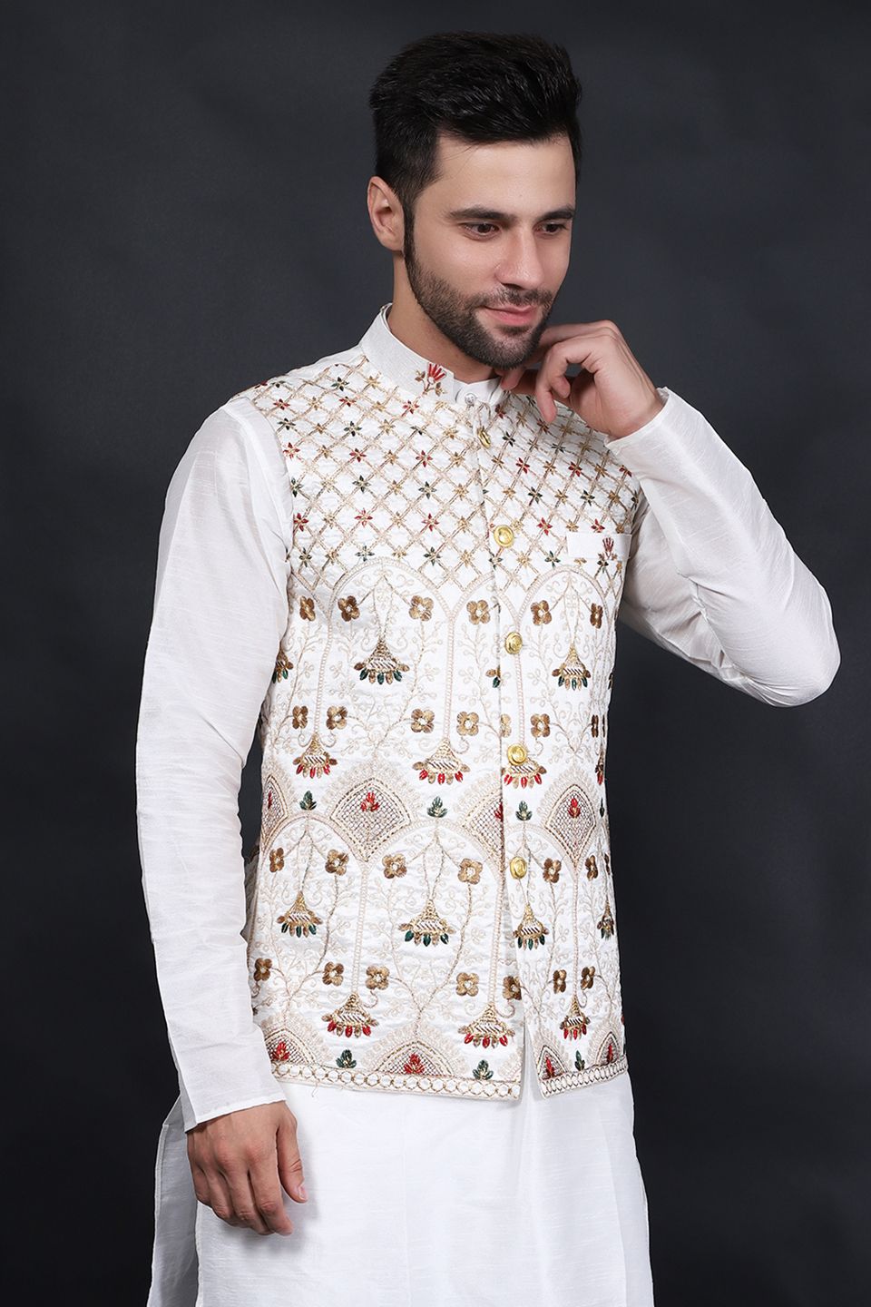 Buy WINTAGE Men's Cotton Silk Cream Modi Nehru Jacket : Cream