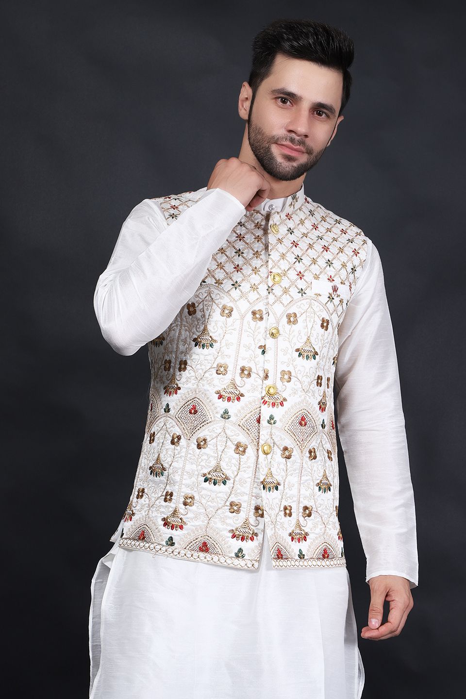 Buy WINTAGE Men's Cotton Silk Cream Modi Nehru Jacket : Cream