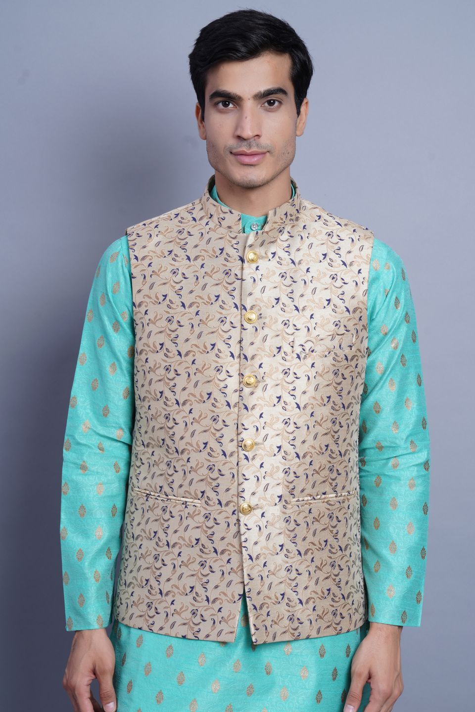Wintage Men's Banarasi Rayon Cotton Bandhgala Festive Nehru Modi Jacket Waistcoat : Beige