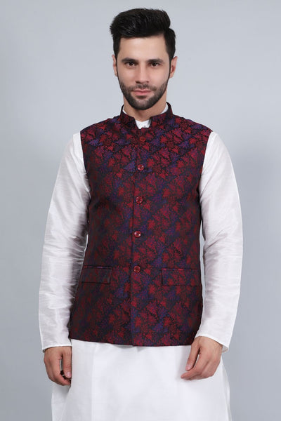 Banarasi Rayon Cotton Red Modi Nehru Jacket