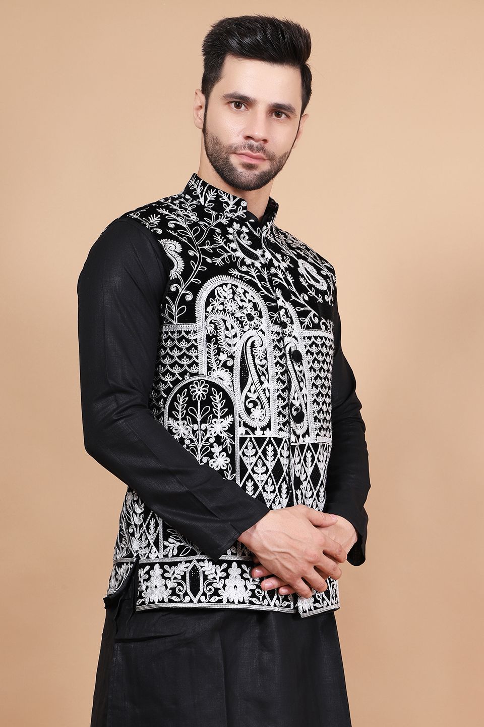 Embroidered Velvet Black Modi Nehru Jacket