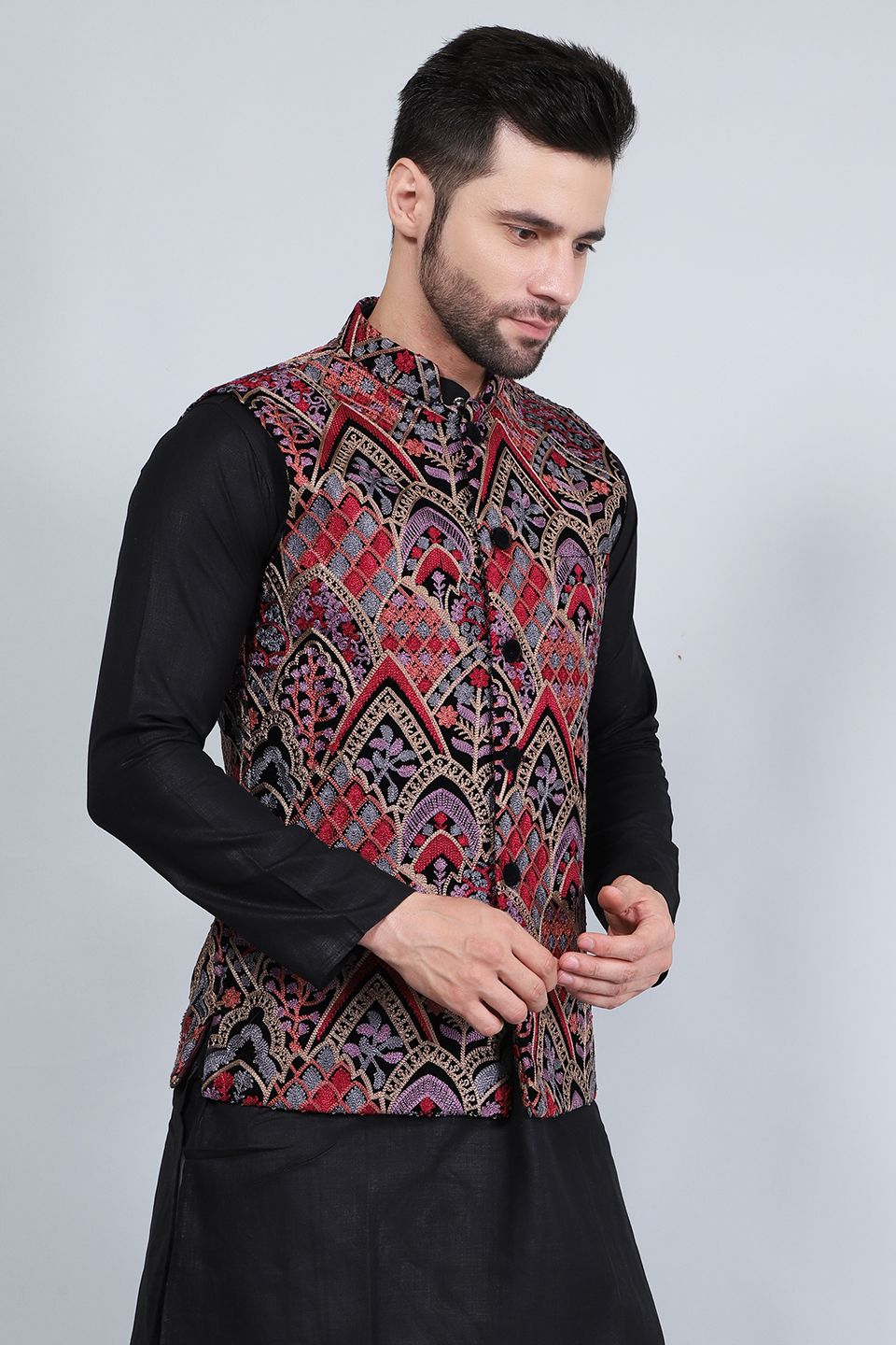 Buy WINTAGE Men's Embroidered Velvet Red Modi Nehru Jacket : Red