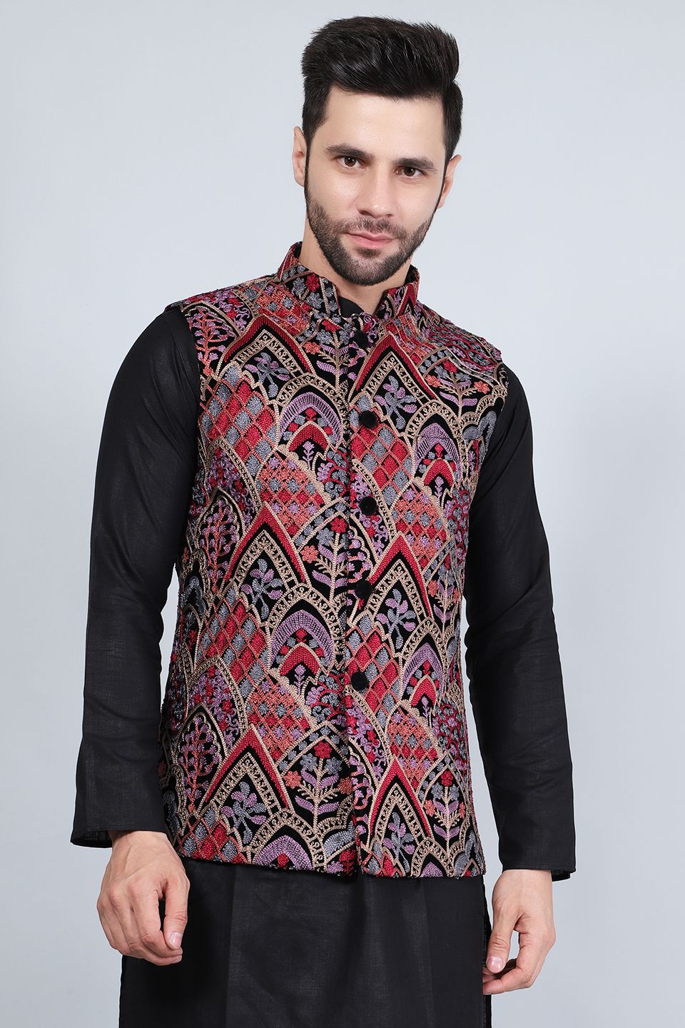 Buy WINTAGE Men's Embroidered Velvet Red Modi Nehru Jacket : Red