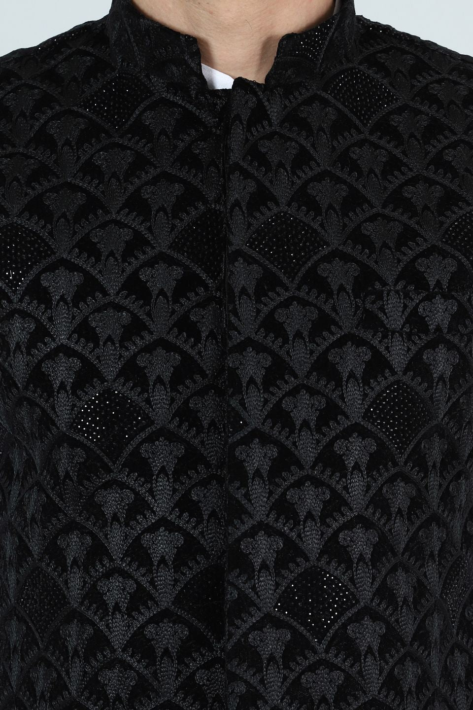 Embroidered Velvet Black Modi Nehru Jacket