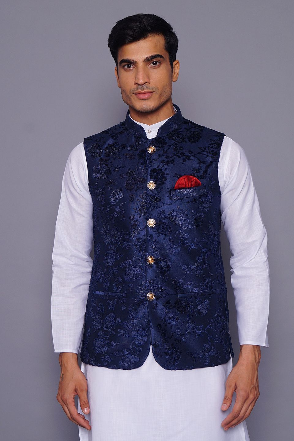 Wintage Men's Embroidered Velvet Grandad Nehru Jacket : Blue
