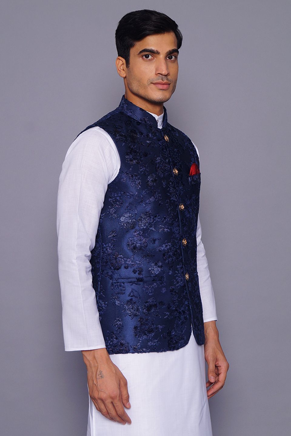 Navy Blue Bandi Waistcoat Wintage Men's Embroidered Velvet Grandad