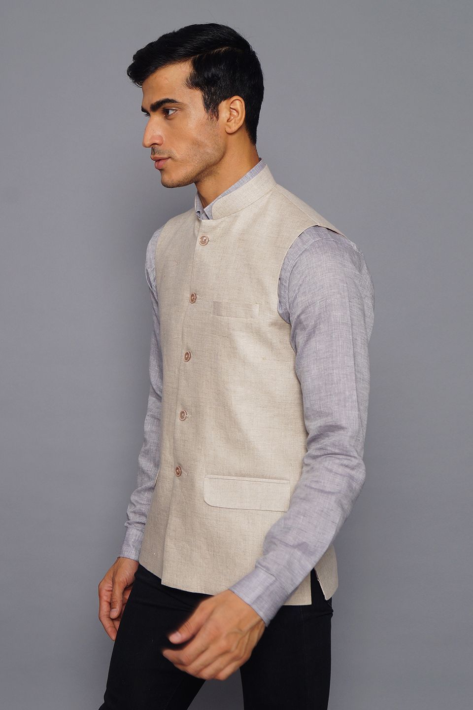 Wintage Men's Pure Linen Nehru Jacket Vest Waistcoat: Natural