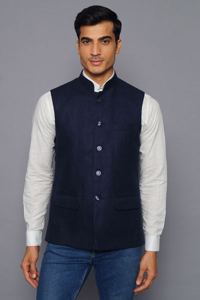 Wintage Men's Pure Linen Nehru Jacket Vest Waistcoat: Blue