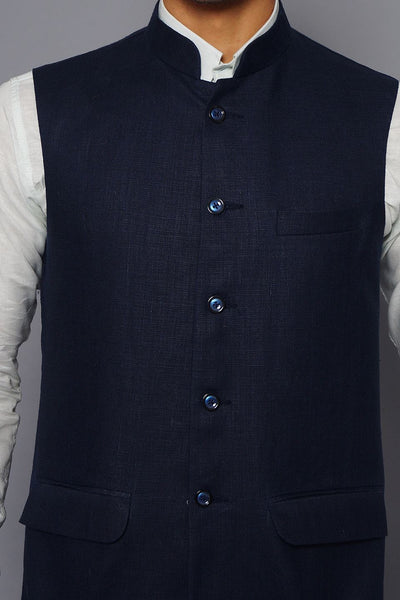Wintage Men's Pure Linen Nehru Jacket Vest Waistcoat: Blue