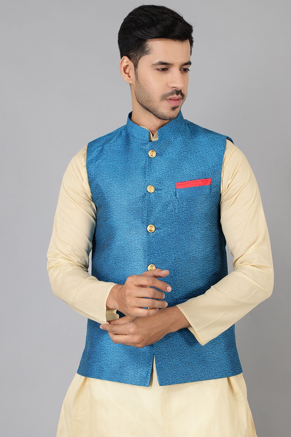 Banarasi Rayon Cotton Blue Modi Nehru Jacket
