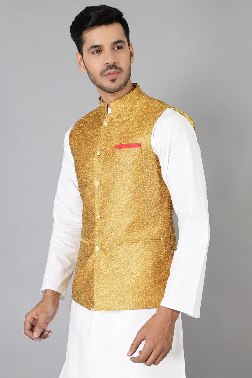 Banarasi Rayon Cotton Gold Modi Nehru Jacket