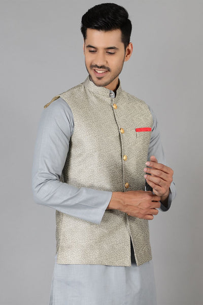Banarasi Rayon Cotton Silver Modi Nehru Jacket