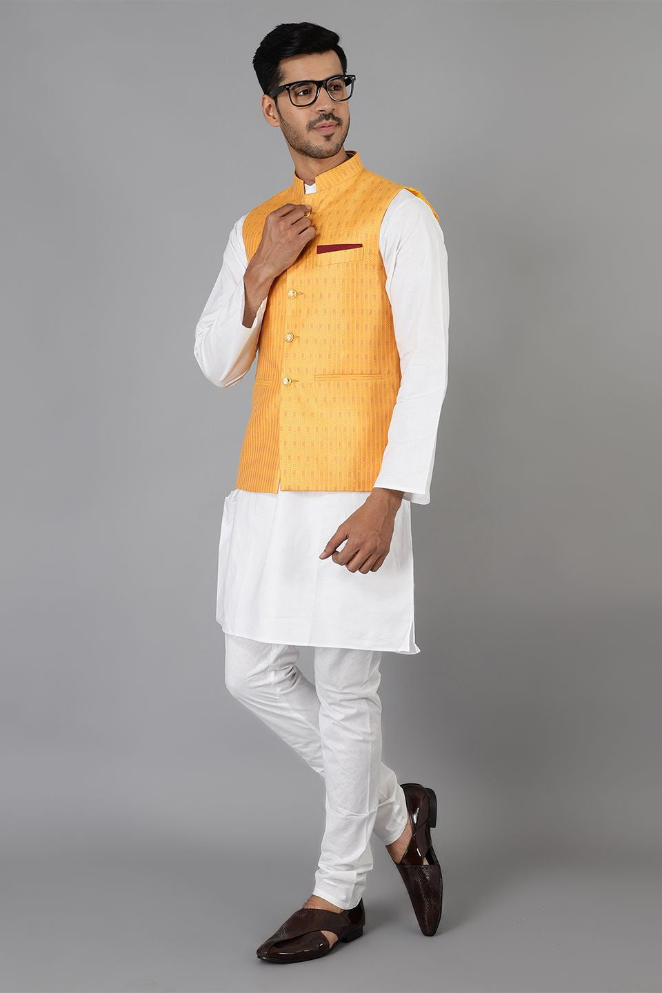 Banarasi Rayon Cotton Yellow Modi Nehru Jacket