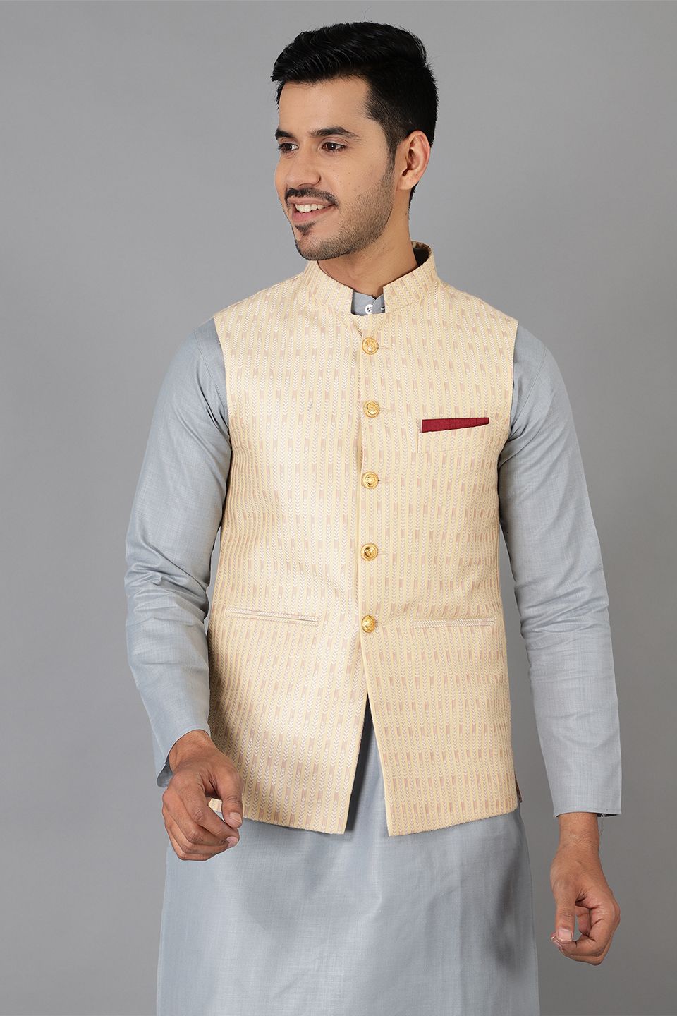 Banarasi Rayon Cotton Beige Modi Nehru Jacket