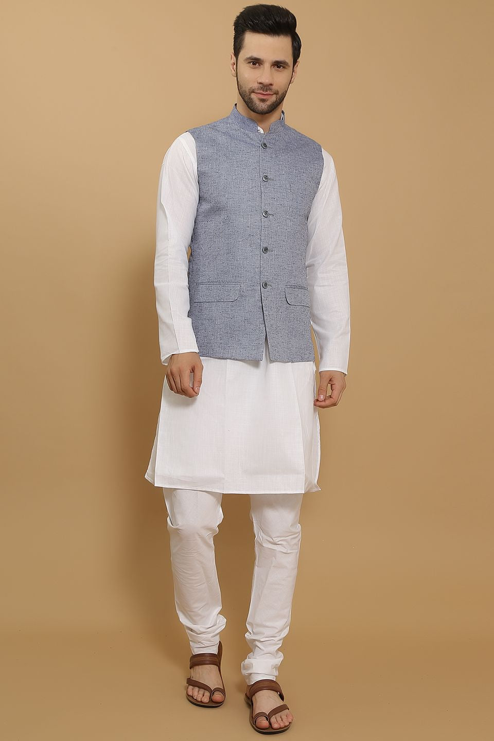 Linen Cotton Blue Modi Nehru Jacket