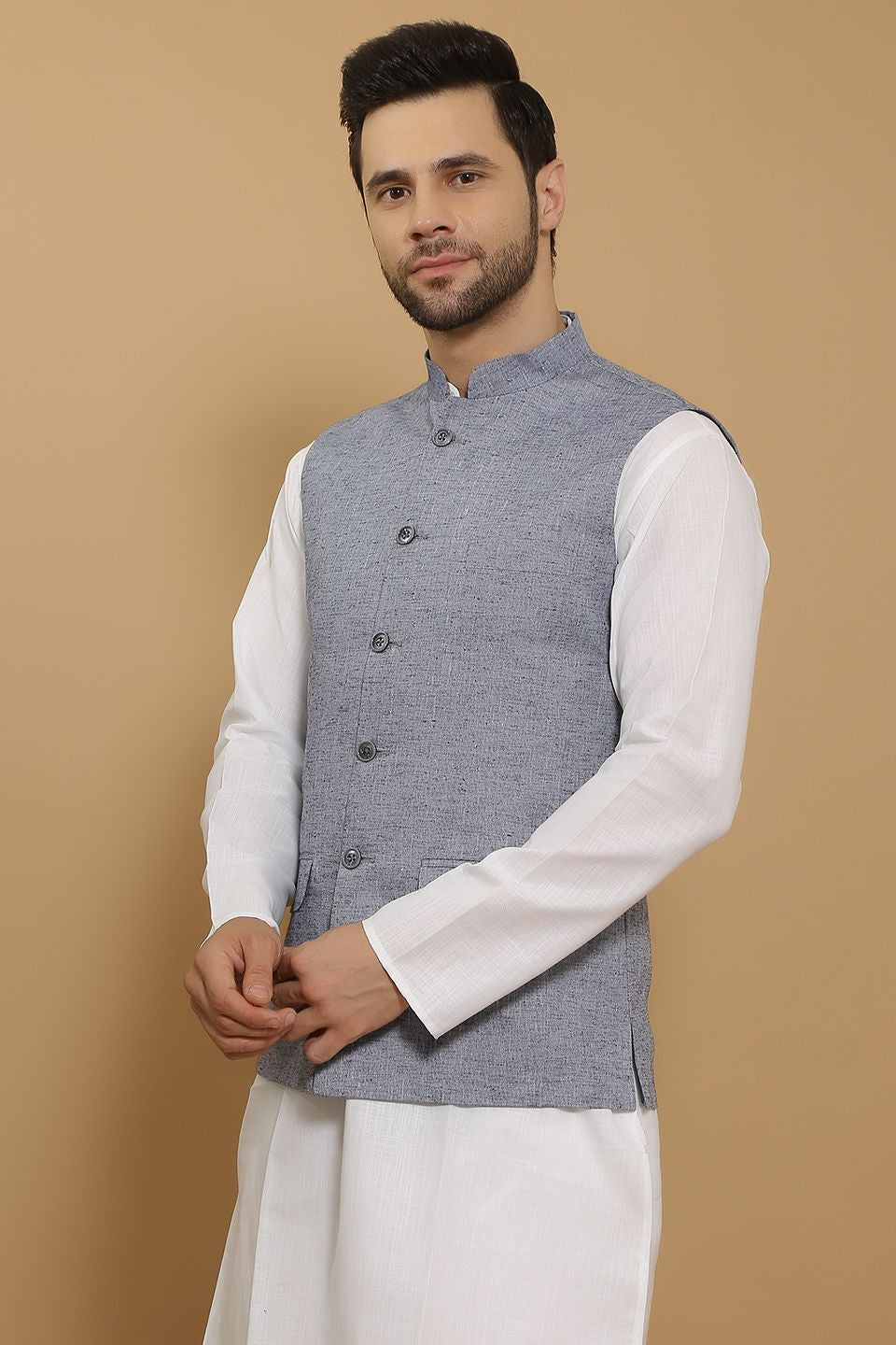 Linen Cotton Blue Modi Nehru Jacket