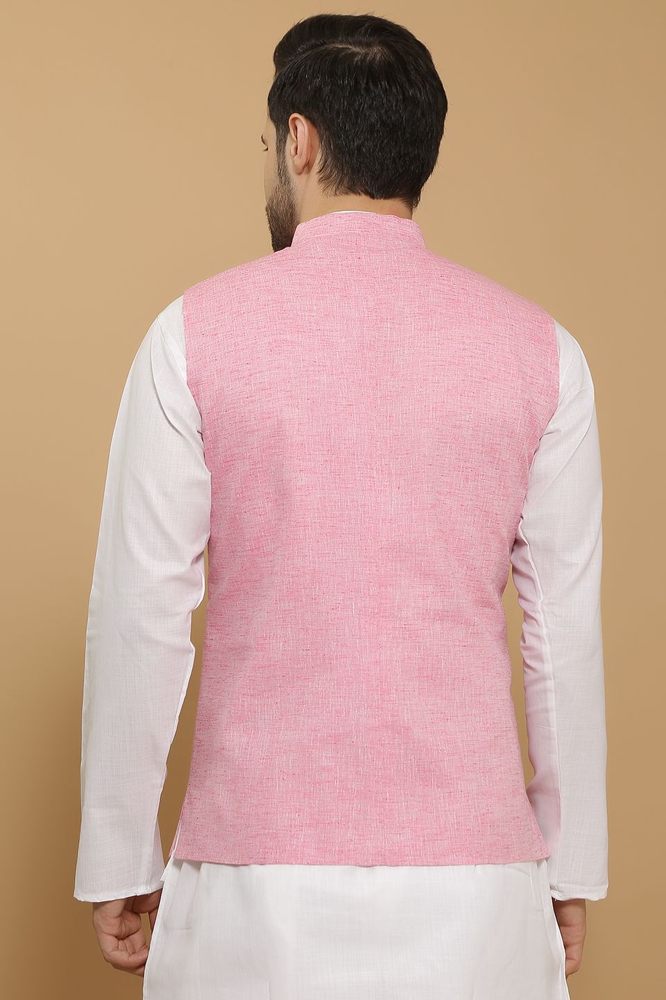 WINTAGE Men's Linen Cotton Pink Modi Nehru Jacket : Pink