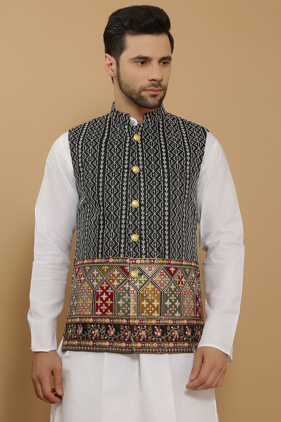 Cotton Silk Black Modi Nehru Jacket