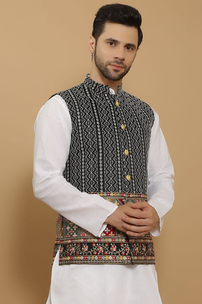 Cotton Silk Black Modi Nehru Jacket