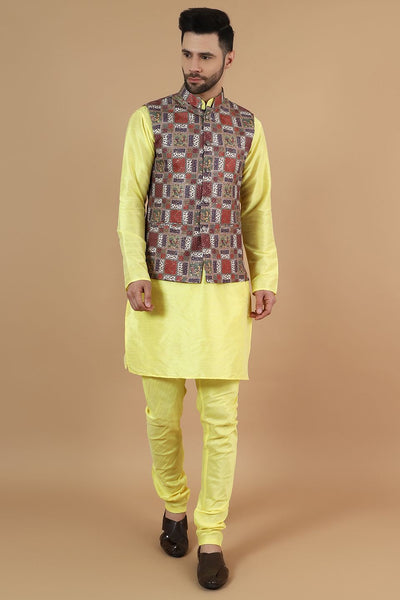 Digital Print Cotton Silk Yellow Modi Nehru Jacket & Kurta pyjama Set