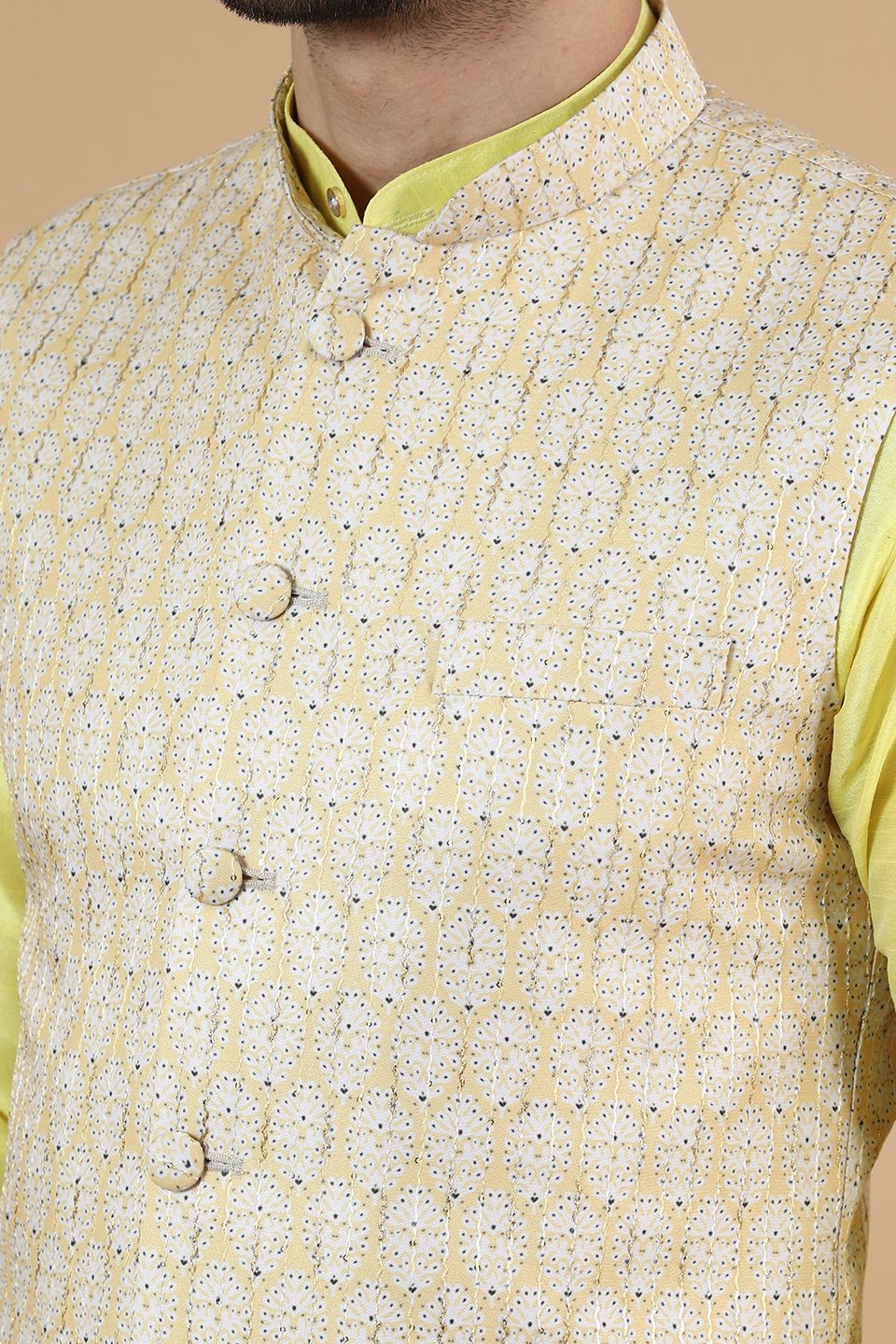 Digital Print Cotton Silk Yellow Modi Nehru Jacket