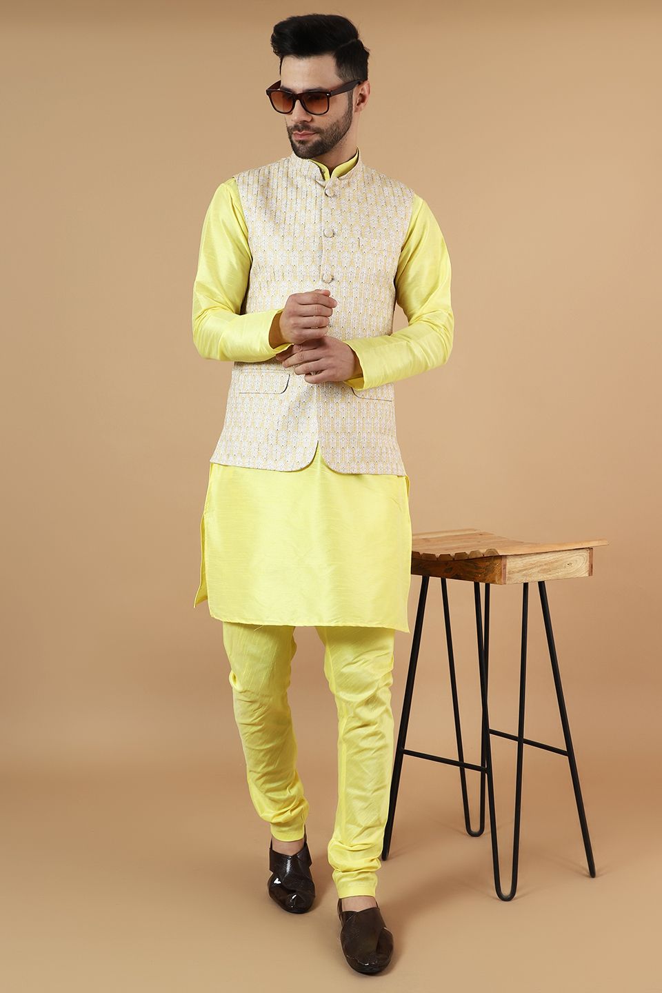 Wintage Men'sDigital Print Cotton Silk Yellow Modi Nehru Jacket