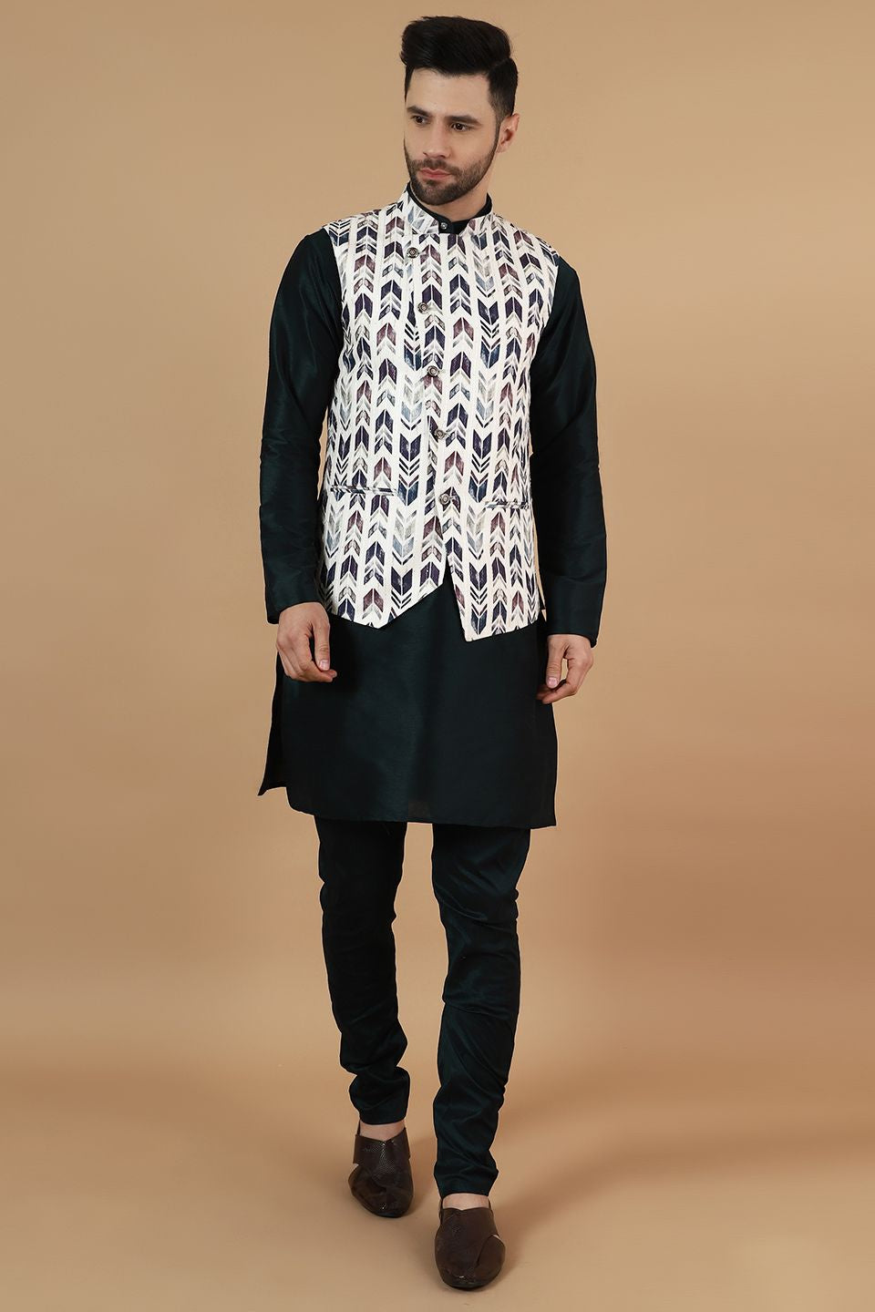 Digital Print Cotton Silk Black Modi Nehru Jacket & Kurta pyjama Set