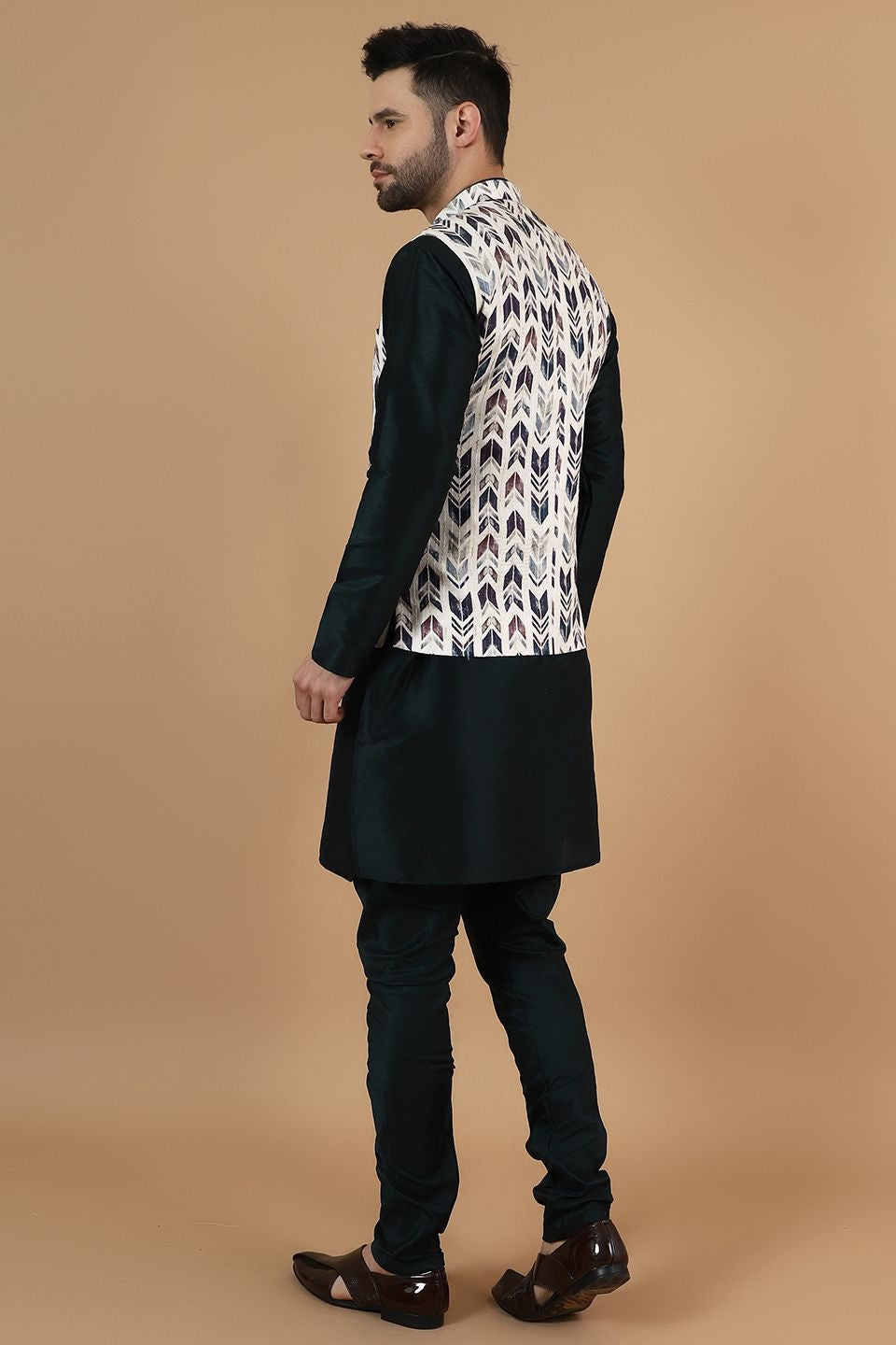 Digital Print Cotton Silk Black Modi Nehru Jacket & Kurta pyjama Set