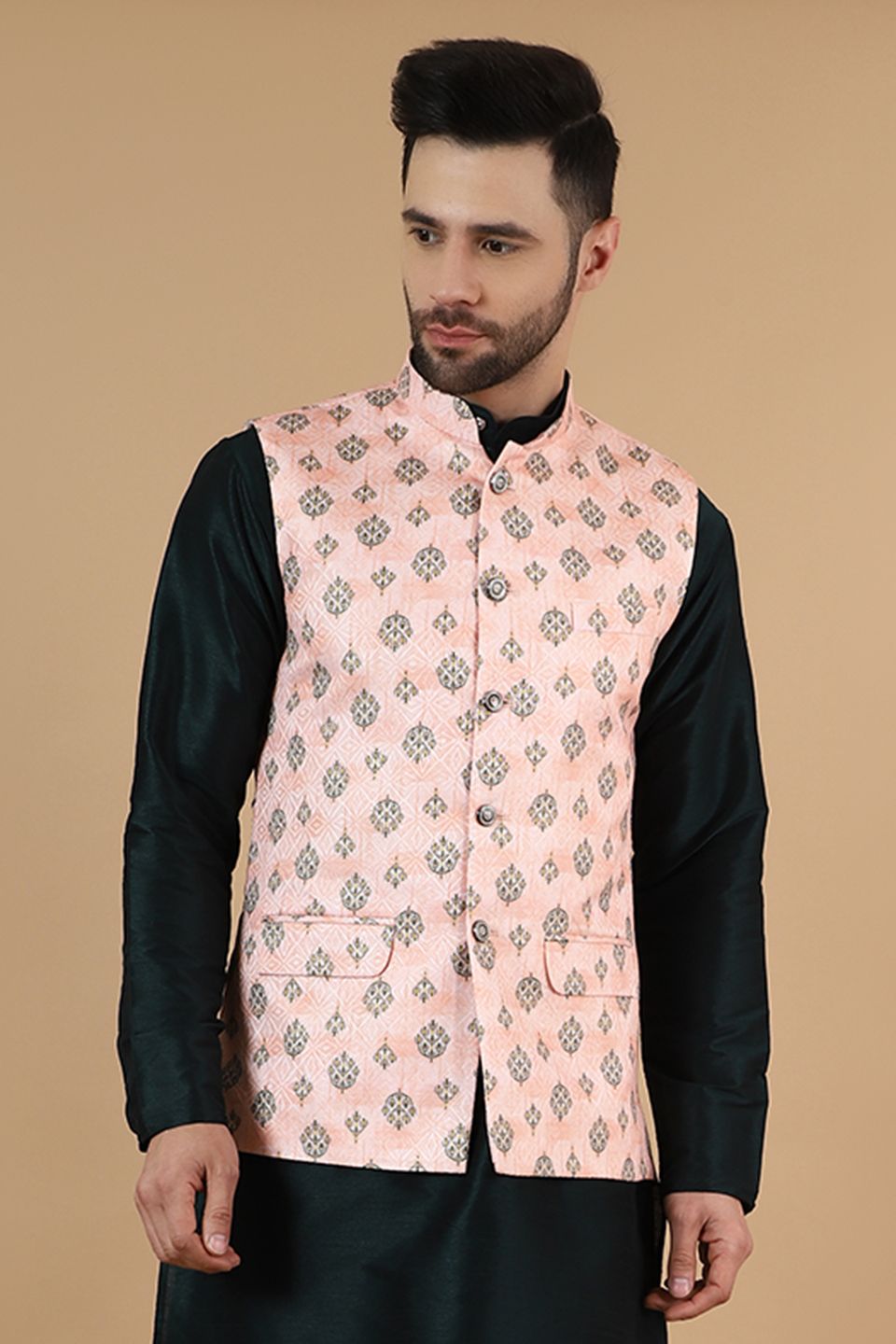 Wintage Men s Digital Print Cotton Silk Pink Modi Nehru Jacket Pink Buy Online