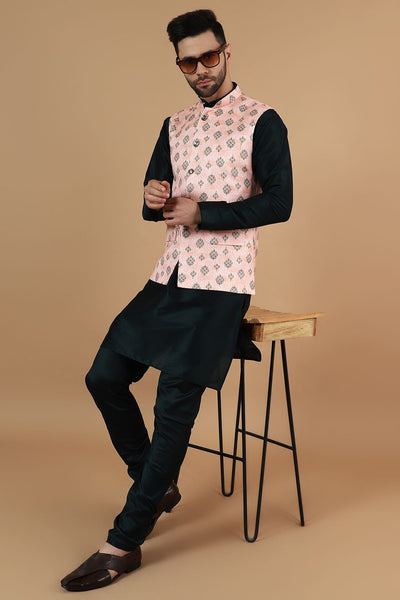 Digital Print Cotton Silk Black Modi Nehru Jacket & Kurta pyjama Set