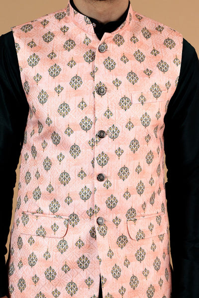 Digital Print Cotton Silk Black Modi Nehru Jacket & Kurta pyjama Set