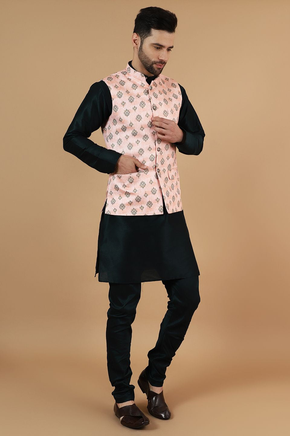 Digital Print Cotton Silk Black Modi Nehru Jacket & Kurta pyjama Set