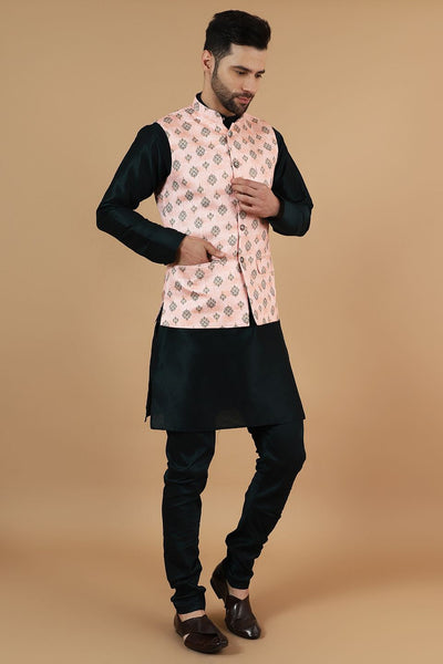 Digital Print Cotton Silk Black Modi Nehru Jacket & Kurta pyjama Set