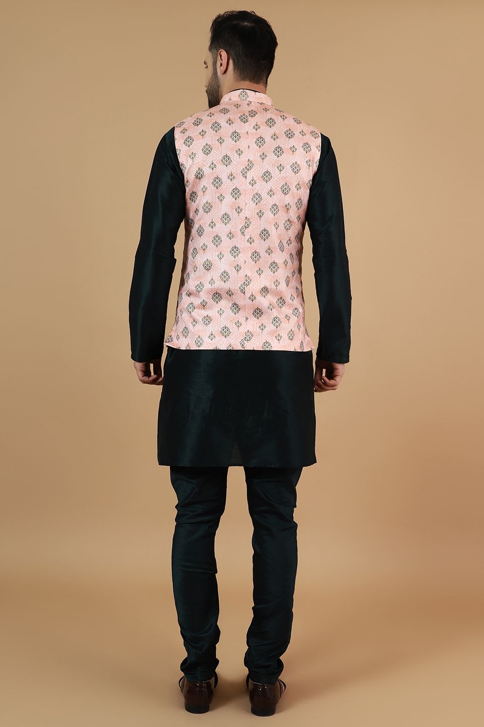 Digital Print Cotton Silk Black Modi Nehru Jacket & Kurta pyjama Set