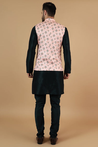Digital Print Cotton Silk Black Modi Nehru Jacket & Kurta pyjama Set