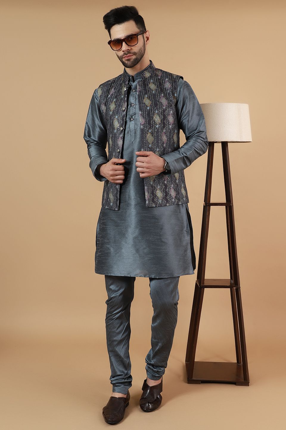 Wintage Men'sDigital Print Cotton Silk Black Modi Nehru Jacket & Kurta ...