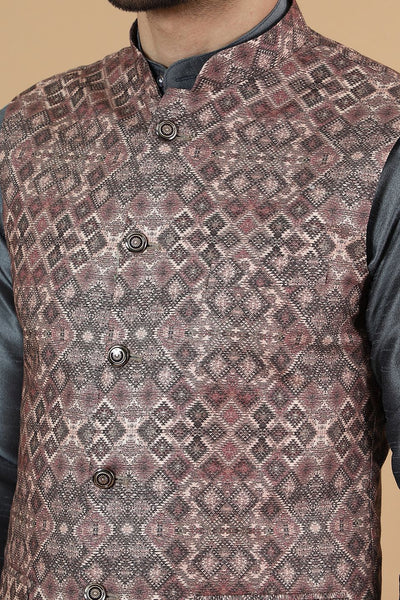 Digital Print Cotton Silk Brown Modi Nehru Jacket