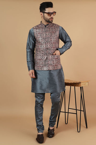 Digital Print Cotton Silk Grey Modi Nehru Jacket & Kurta pyjama Set