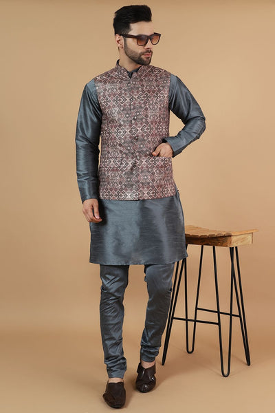 Modi Pyjama Wintage Men'sDigital Print Cotton Silk Grey Modi Nehru Jacket & Kurta ...