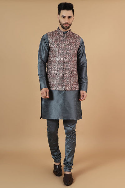 Digital Print Cotton Silk Grey Modi Nehru Jacket & Kurta pyjama Set