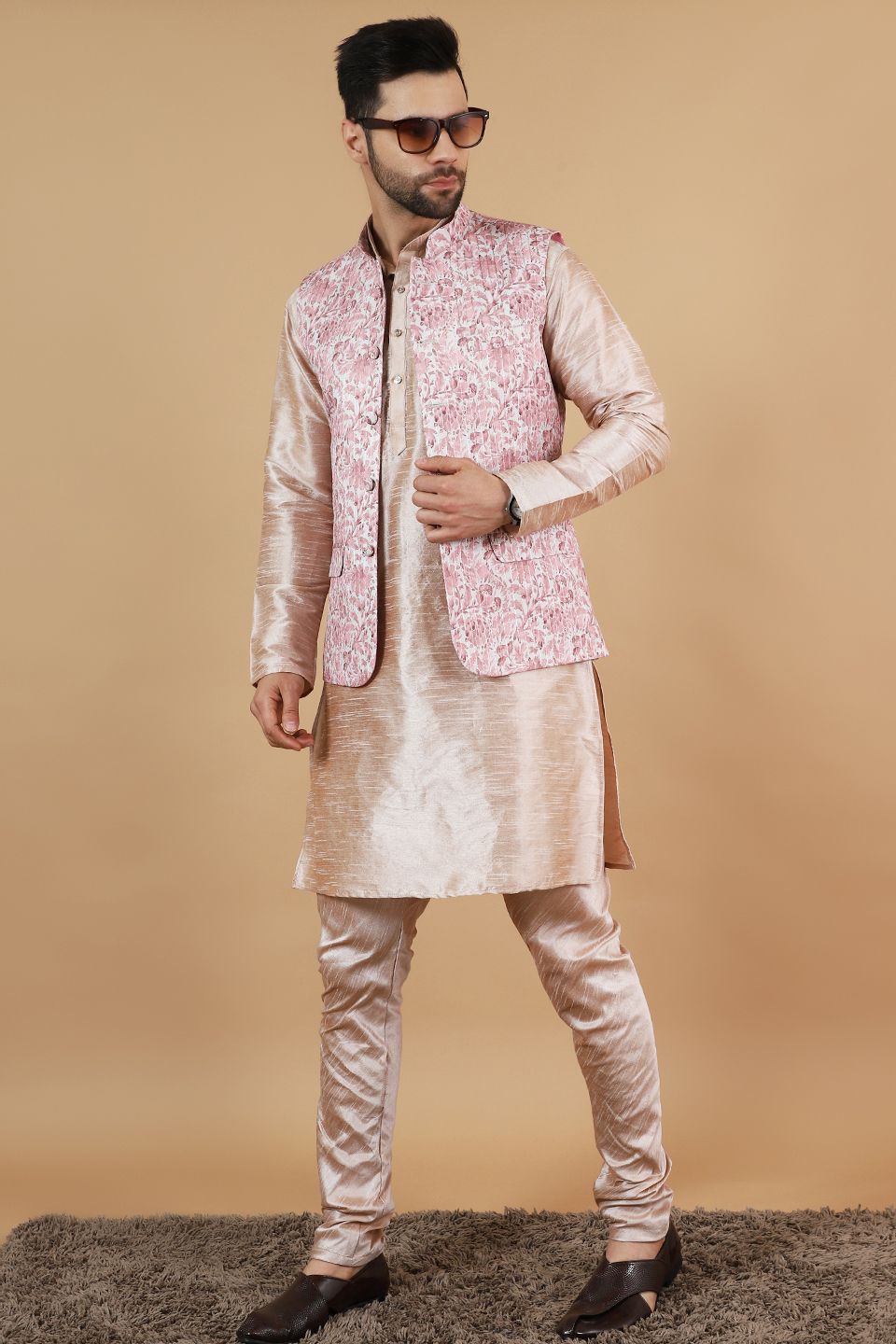 Digital Print Cotton Silk Pink Modi Nehru Jacket & Kurta pyjama Set