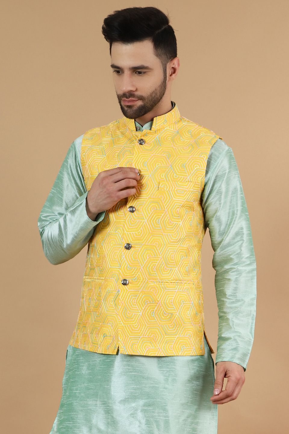 Digital Print Cotton Silk Yellow Modi Nehru Jacket