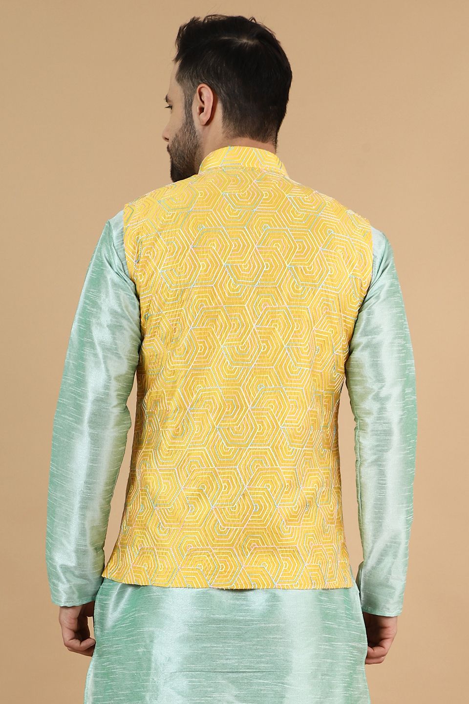 Wintage Men's Digital Print Cotton Silk Yellow Modi Nehru Jacket ...
