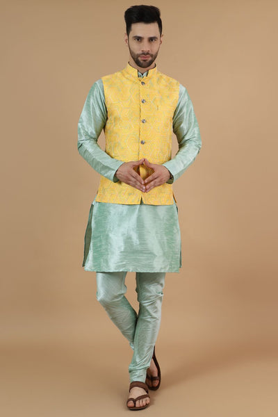 Digital Print Cotton Silk Green Modi Nehru Jacket & Kurta pyjama Set