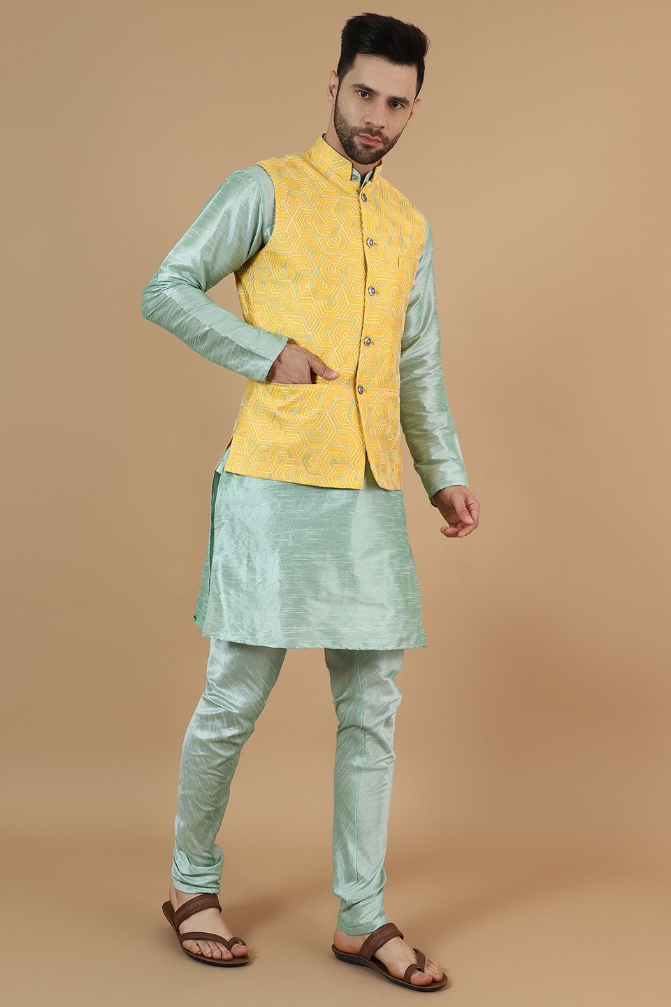 Digital Print Cotton Silk Green Modi Nehru Jacket & Kurta pyjama Set