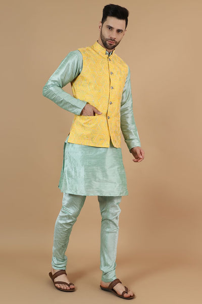Digital Print Cotton Silk Green Modi Nehru Jacket & Kurta pyjama Set