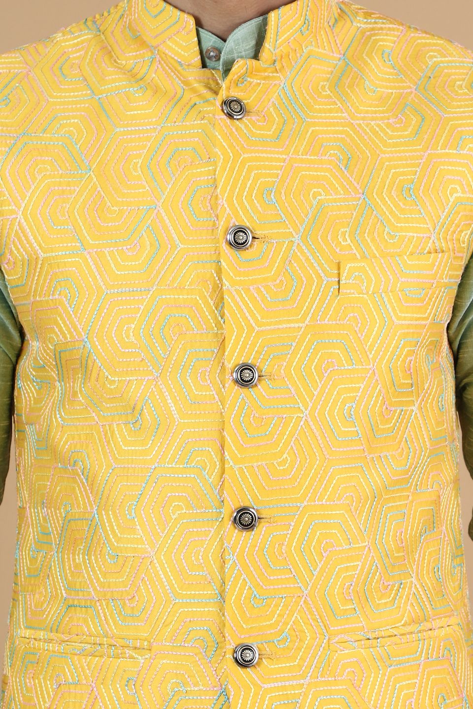 Digital Print Cotton Silk Green Modi Nehru Jacket & Kurta pyjama Set